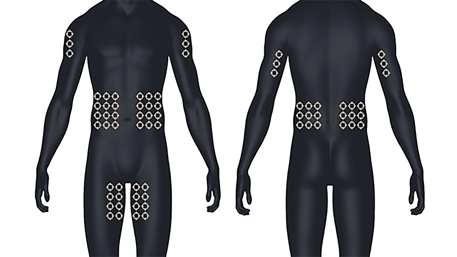 Image of front and back male human anatomy to demonstrate possible administration sites